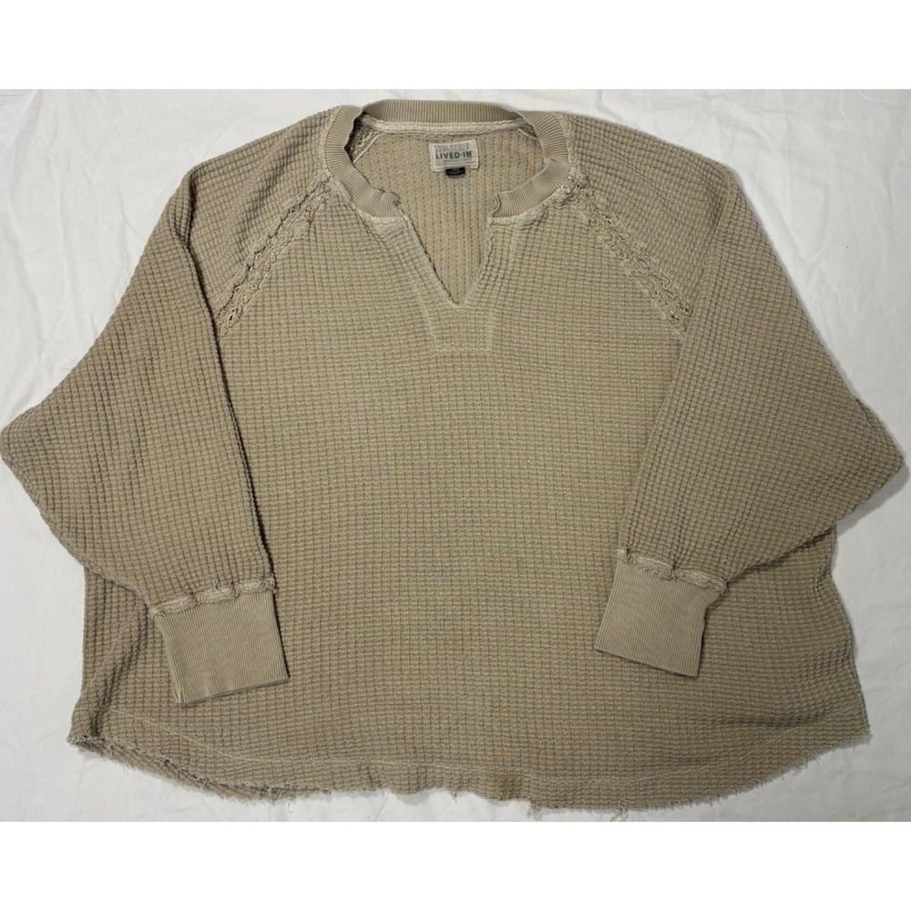 American Eagle Womens Seriously Lived-In Sweatshirt Beige Waffle Knit Relaxed L